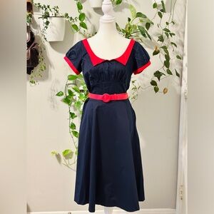 NWT Pinup Couture Navy Blue & Red Retro A-Line Dress w/ Belt Size L